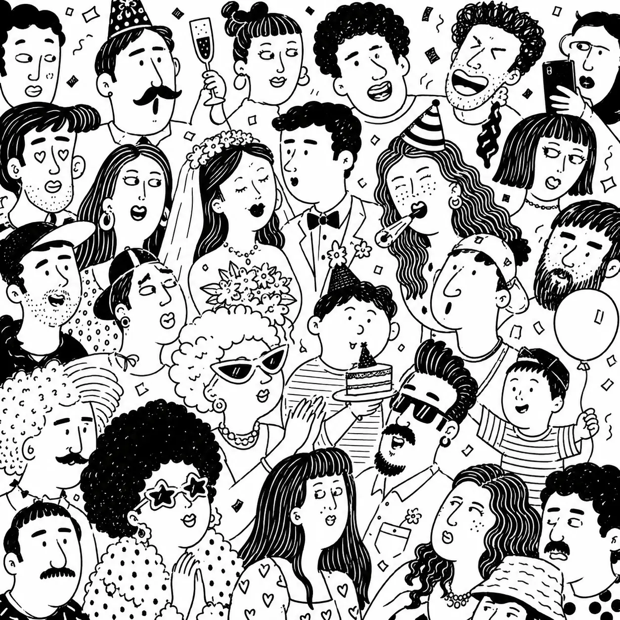 A joyful crowd celebrating weddings, birthdays, and invitations